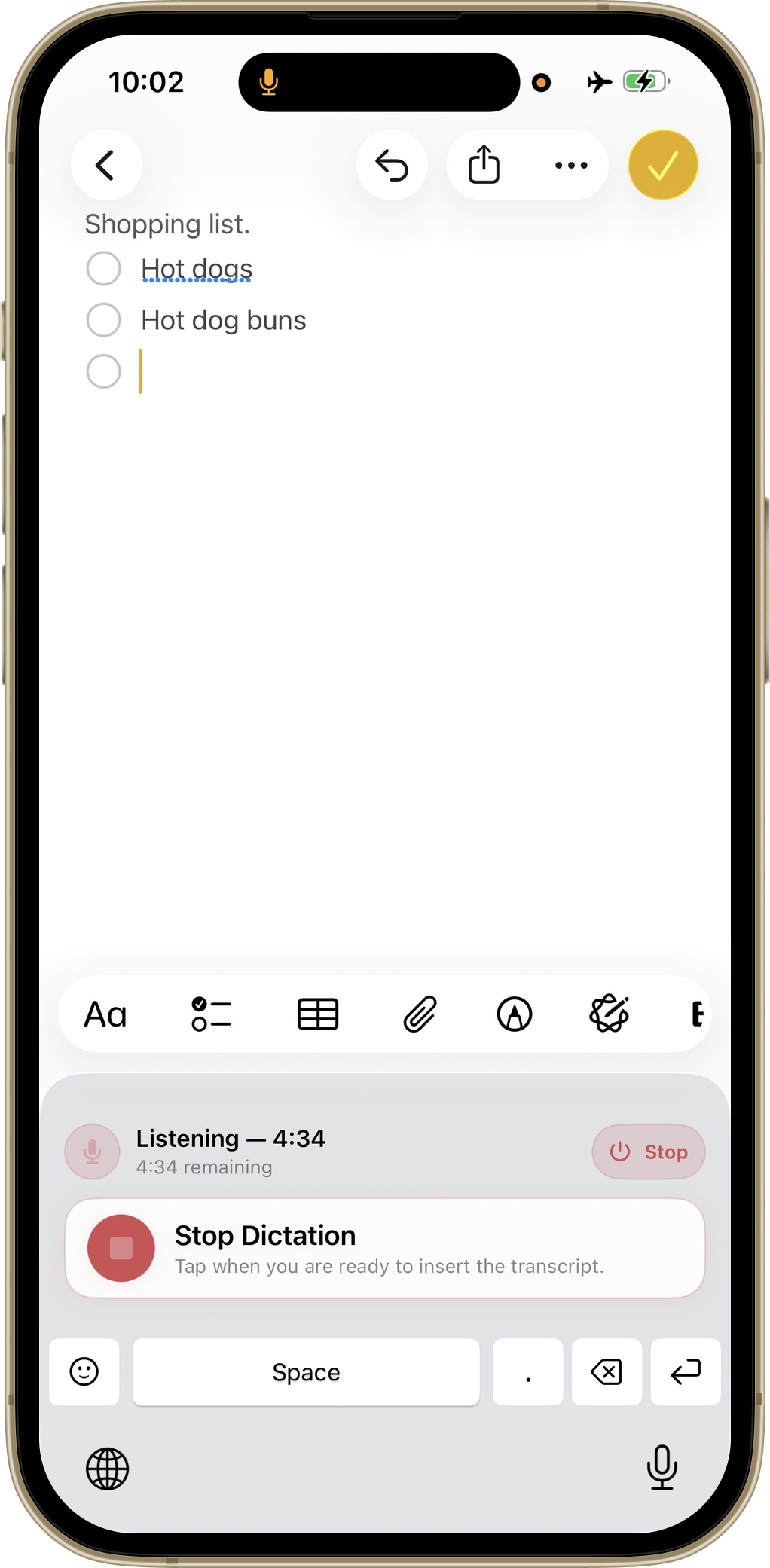 KeySay voice-only dictation mode in Notes app, actively listening and transcribing a shopping list