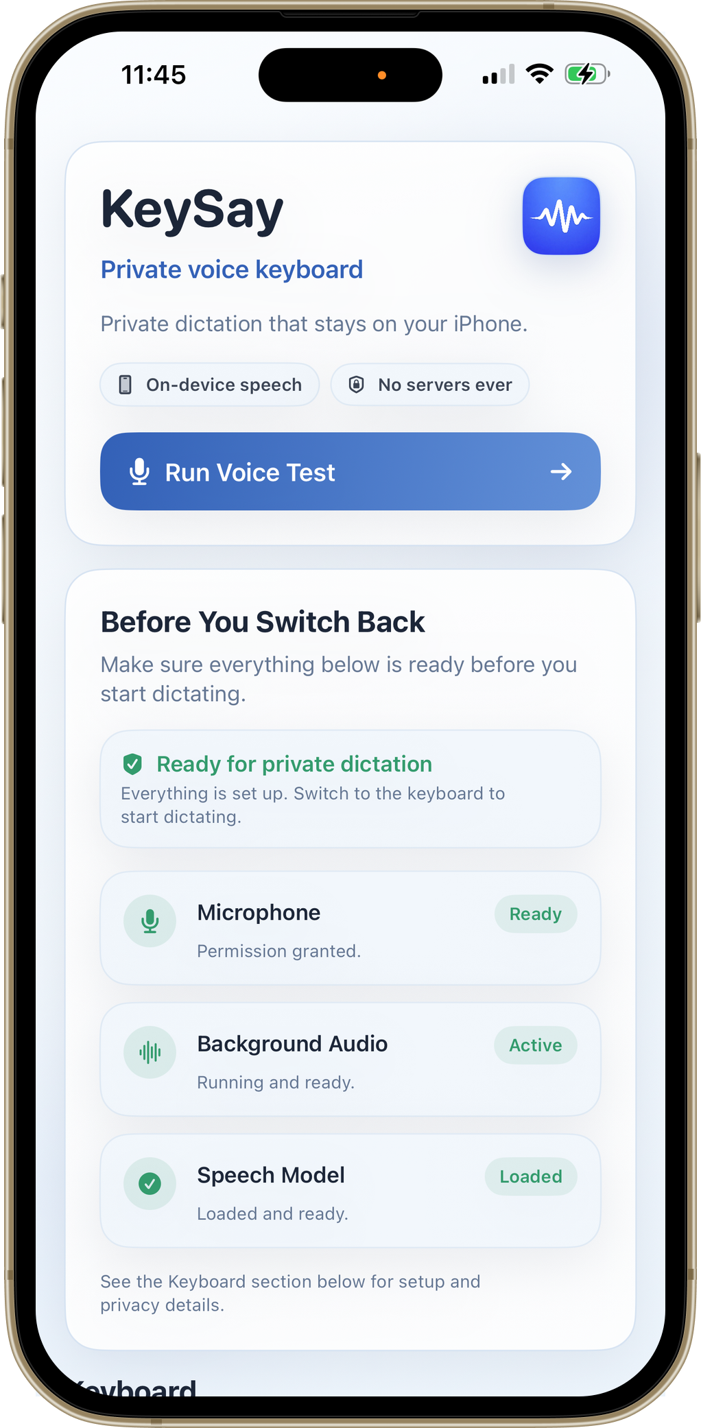 KeySay app main screen showing setup checklist with microphone ready, background audio active, and speech model loaded